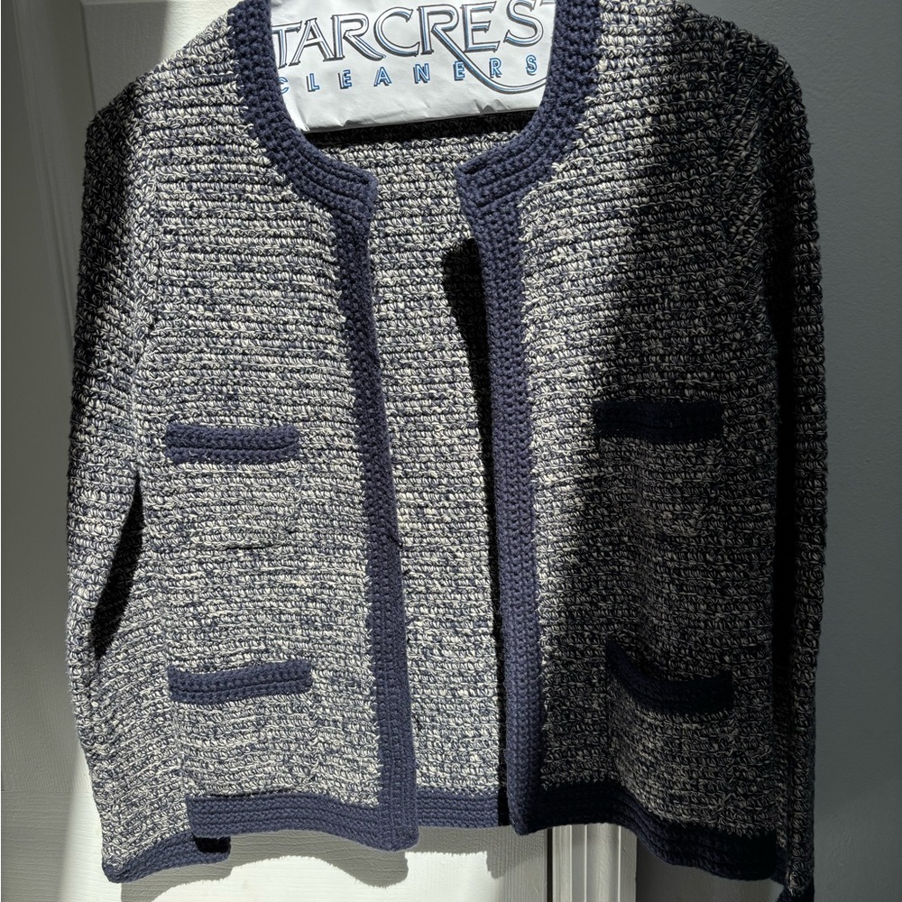 Boden Navy and Cream Textured Knit Cardigan
